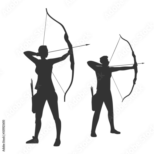 Archery sport, silhouette of two archers isolated on white background.