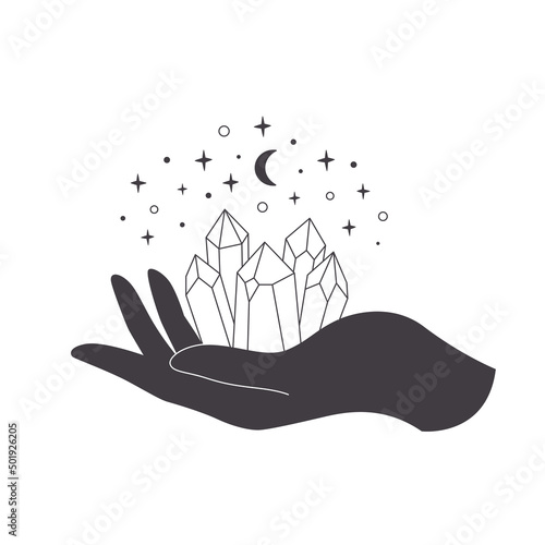 Hand with crystal. Mystical, esoteric, magic or healing crystal. Linear art. Editable strokes. Vector illustration