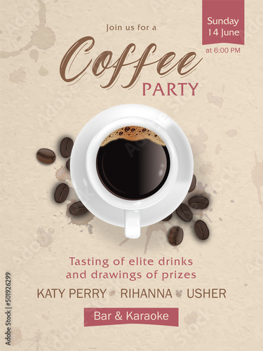 Coffee party invitation with paper background and coffee cup around coffee stain
