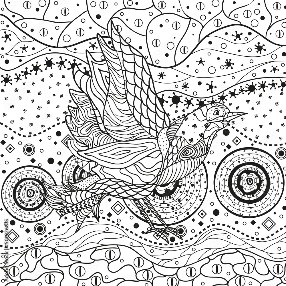 Abstract pattern with bird on isolated white. Zentangle. Hand drawn abstract patterns on isolation background. Design for spiritual relaxation for adults. Black and white illustration Abstract pattern with bird on isolated white. Zentangle. Hand drawn abstract patterns on isolation background. Design for spiritual relaxation for adults. Black and white illustration