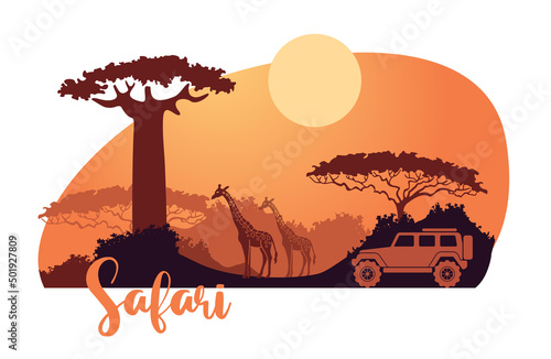 African safari silhouetes with an SUV and giraffe at sunset