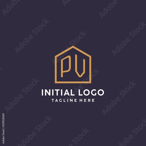 Initial PV logo with abstract home shape, simple luxury real estate logo