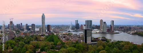 Rotterdam, Netherlands - April 28, 2022: Beautiful sunset cityscape of Rotterdam, Holland-Netherlands, from above