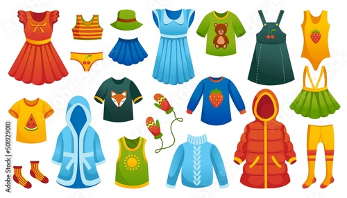 Baby cloth for girl. Child fashion design element for girl. Vector trousers, skirt and sweater model images for girl