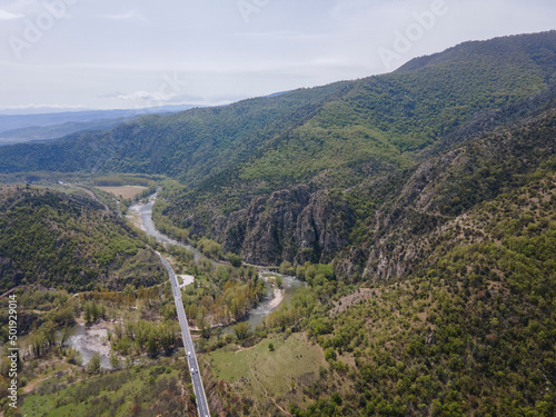 Aerial view of Struma River passing through the Kresna Gorge, Bulgaria