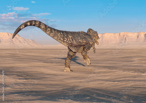 giganotosaurus is running on sunset desert rear view © DM7