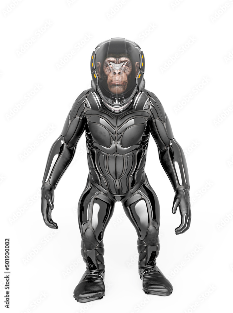 chimpanzee astronaut is standing up in white background