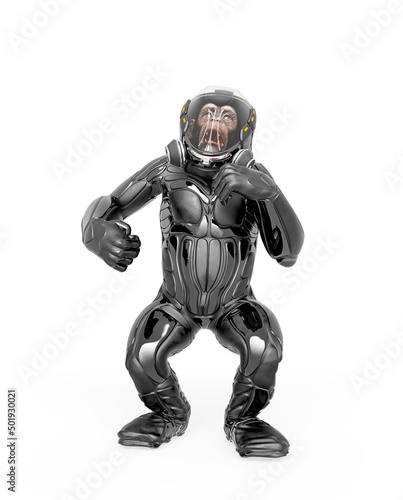chimpanzee astronaut is doing a dominant pose in white background © DM7