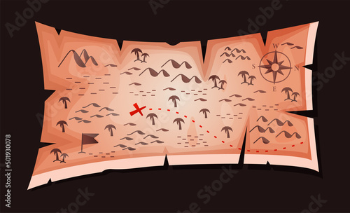 Old map of treasures. Cartoon drawing of discovery element to paper. Vector parchment geography treasure of skull