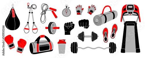 Sport equipment elements in modern flat line style. Hand drawn fitness inventory, gym accessories vector illustrations. Healthy lifestyle. Dumbbell, sport bag, barbell, fist, shoes, boxing gloves.