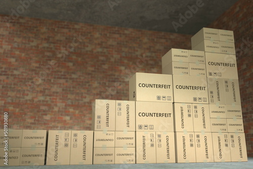 Stacks of boxes with COUNTERFEIT text make up a rising chart, business success related conceptual 3D rendering