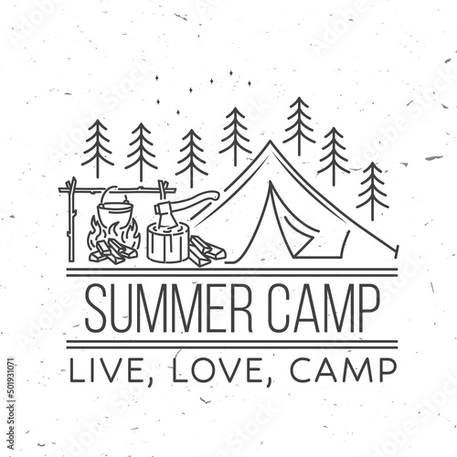 Summer camp. Vector illustration. Concept for shirt or print, stamp or tee. Vintage line art design with camper tent, pot on the fire, axe and mountain silhouette.
