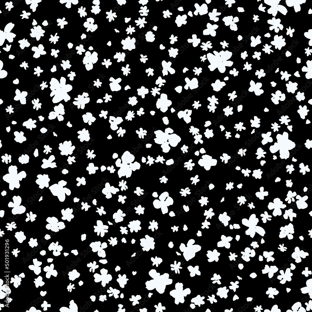 Little abstract ditsy daisy seamless repeat pattern. Random placed, monochrome vector flowers all over surface print in black and white.