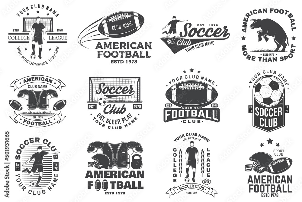 Set of soccer and american football or rugby club badge. Vector. Vintage design with soccer, football player, bull, american football player, helmet, ball and shoulder pads silhouette.