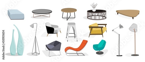Modern interior furniture set armchair, lamp, sofa coffee table Vector illustration in flat style isolated