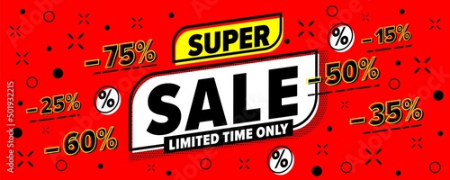 Super sale header banner. Limited time only discount with 15, 25, 35, 50, 60, 75 percent off vector illustration