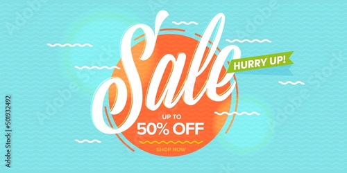 Summer sale banner with up to 50 percent off discount. Hurry up to use half price clearance for online shopping. Marine water website header banner background vector illustration