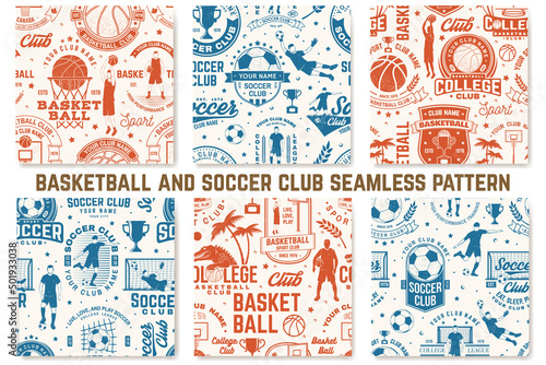 Basketball and Soccer, football club seamless pattern. Vector. For football club background with basketball, soccer, football player, goalkeeper and gate silhouettes. Concept for soccer sport pattern