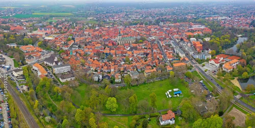 Aerial view of the old town of Wolfenbüttel on an early spring morning