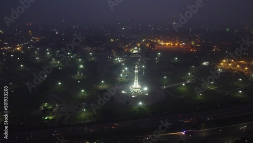 Beautiful Night Aerial View of Minar e Pakistan Azadi Chowk Minto Park Lahore Pakistan, drone footage photo