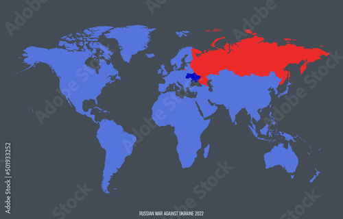 World map with Ukraine and russia highlighted. Russian war in Ukraine. Blue and red maps