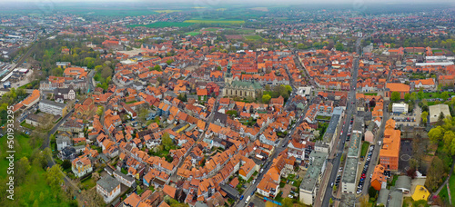 Aerial view of the old town of Wolfenbüttel on an early spring morning