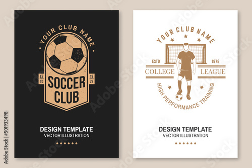 Set of soccer club badge template. Vector illustration. Flyer, brochure, banner, poster with soccer player silhouettes.