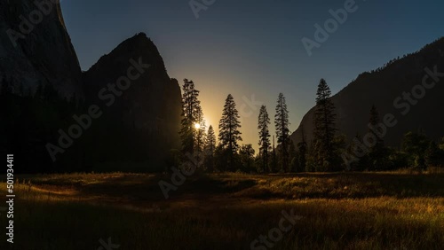Beautiful Sunset El Capitan Meadow, Yosemite National Park, Timelapse photo