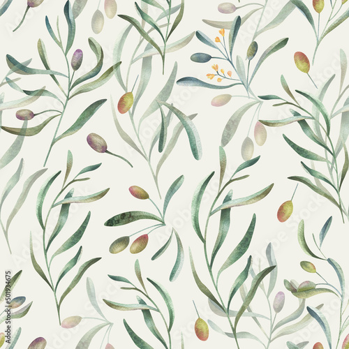 Seamless pattern with olive branches, olives and leaves on pastel green background. Hand drawn watercolor botanical print for fabrics, wallpaper, scrapbooking, postcards.