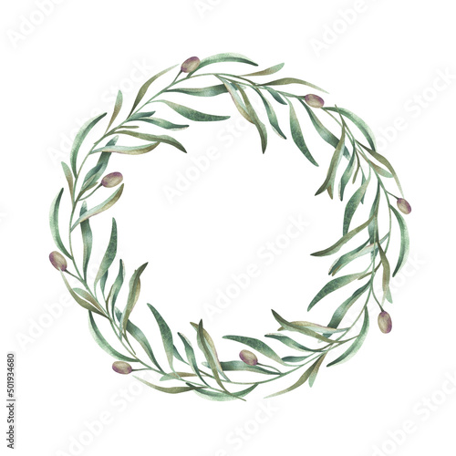Fototapeta Naklejka Na Ścianę i Meble -  Hand painted watercolor wreath of olive branches and olives on white background. Composition for your design of wedding invitations, greeting cards, postcards.