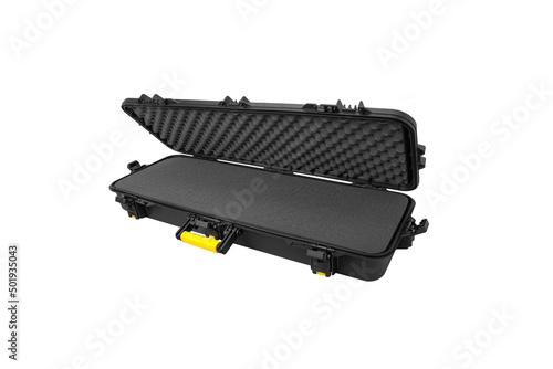 Black plastic case with foam inside. Weapon case isolate on white back.