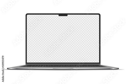 Realistic Darkgrey Notebook with Transparent Screen Isolated. New Laptop. Open Display. Can Use for Project, Presentation. Blank Device Mock Up. Separate Groups and Layers. Easily Editable Vector. PNG