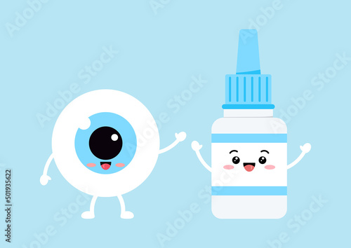 Cute eyeball with eye drop liquid bottle character isolated on background. Happy kawaii medicine mascot set. Flat design cartoon style vector illustration.