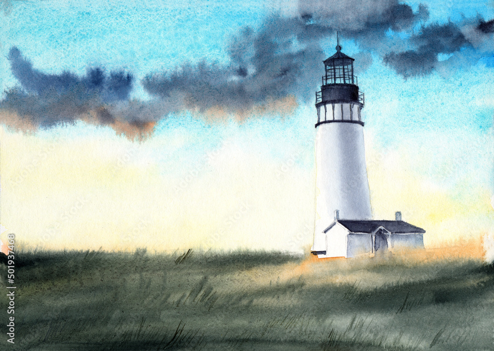 Watercolor illustration of a white lighthouse in a field with tall grass against a pink and blue sky with a large white moon - obrazy, fototapety, plakaty 