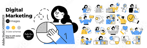 Digital marketing scene set. Different character scenes man and woman. Set of business man and woman with object theme. Trendy vector style
