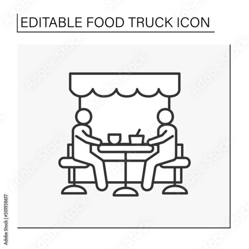 Festival line icon. Outdoor dining. People eat food on terrasse. Party. Food truck concept. Isolated vector illustration. Editable stroke