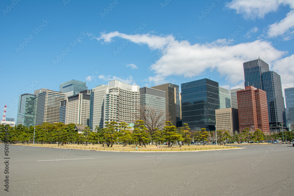 Skyline of Marunouchi district, viewed from Imperial Palace in Chiyoda City special ward located in central Tokyo Skyline of Marunouchi district, viewed from Imperial Palace in Chiyoda City special ward located in central Tokyo