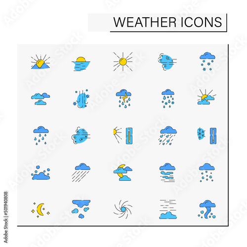 Weather color icons set. Different natural phenomenal. Meteorology concept. Isolated vector illustrations. Editable stroke