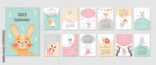 2023 vertical calendar design with cute rabbits chinese year symbol. 12 month, week start on monday. Page template size A3, A4, A5. Vector flat illustrtion, great for kids, nursery, poster, printable photo