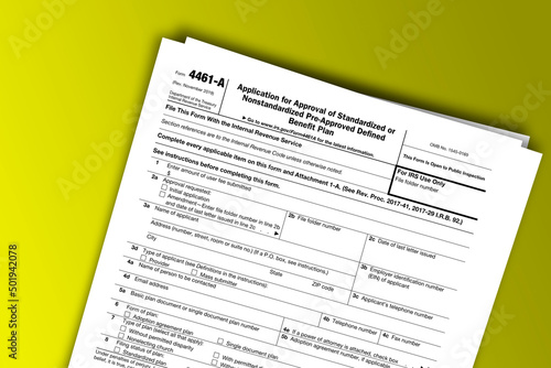 Form 4461-A documentation published IRS USA 11.20.2019. American tax document on colored
