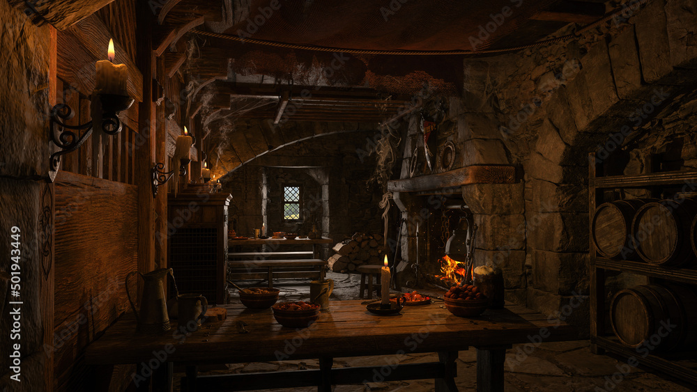 Dark atmospheric medieval tavern bar with food and drink on tables around an open fireplace. 3D rendering. Dark atmospheric medieval tavern bar with food and drink on tables around an open fireplace. 3D rendering.