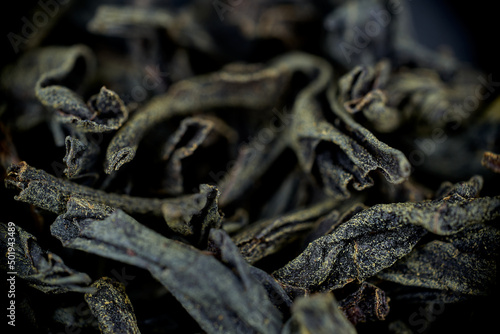 large leaf brewed tea leaves macro closeup microscope soft focus