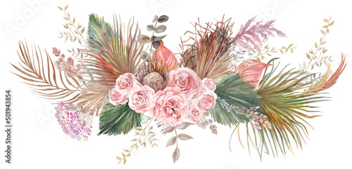 Watercolor horizontal illustration with a bouquet of flowers from light roses and dried flowers of pampas grass and palm leaves for postcards in boho style