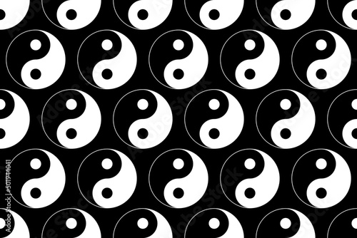 yin yang symbols seamless vector pattern isolated on black background.