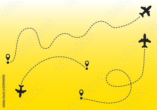 Airplane routes on white background. Romantic travel concept. Airplane line path, vector icon of air plane flight route on white background. Vector illustration.