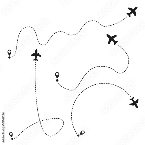 Airplane routes on white background. Romantic travel concept. Airplane line path, vector icon of air plane flight route on white background. Vector illustration.