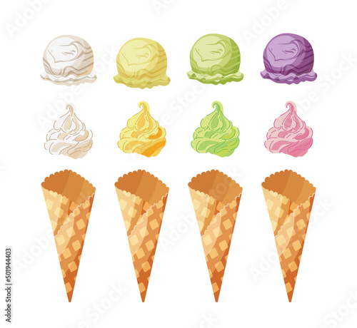 Ice cream different tastes isolated on white background. Set of vector flat illustration. Cute cartoon style illustration for product design