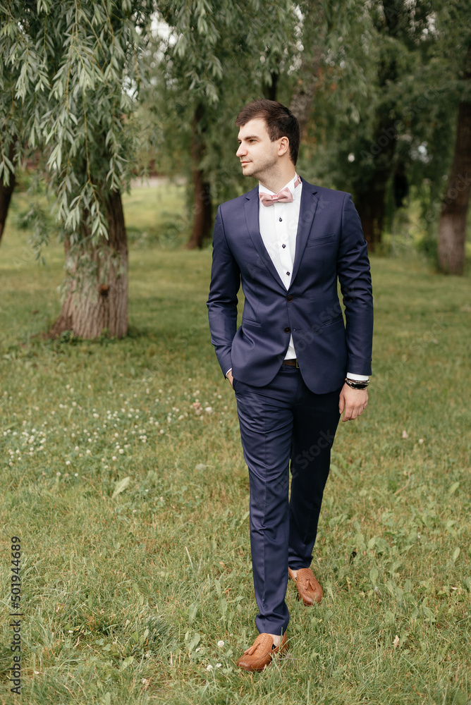 Portrait of the groom walking on the summer grass Portrait of the groom walking on the summer grass