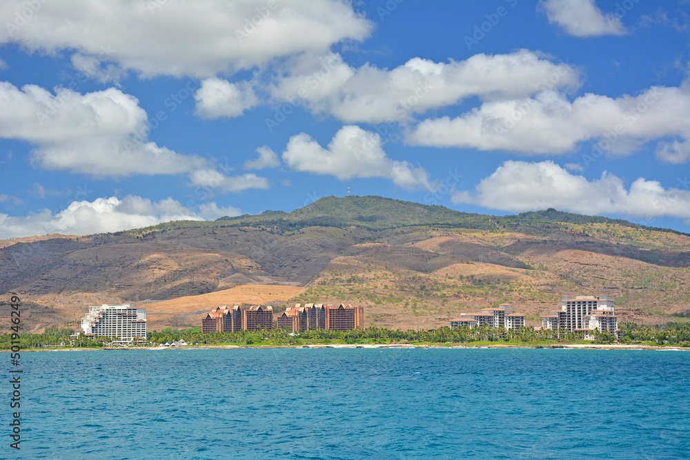 View of Koolina hotels from a boat on the ocean on Oahu, Hawaii