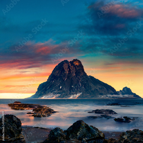 sunset  on a sea with a mountain